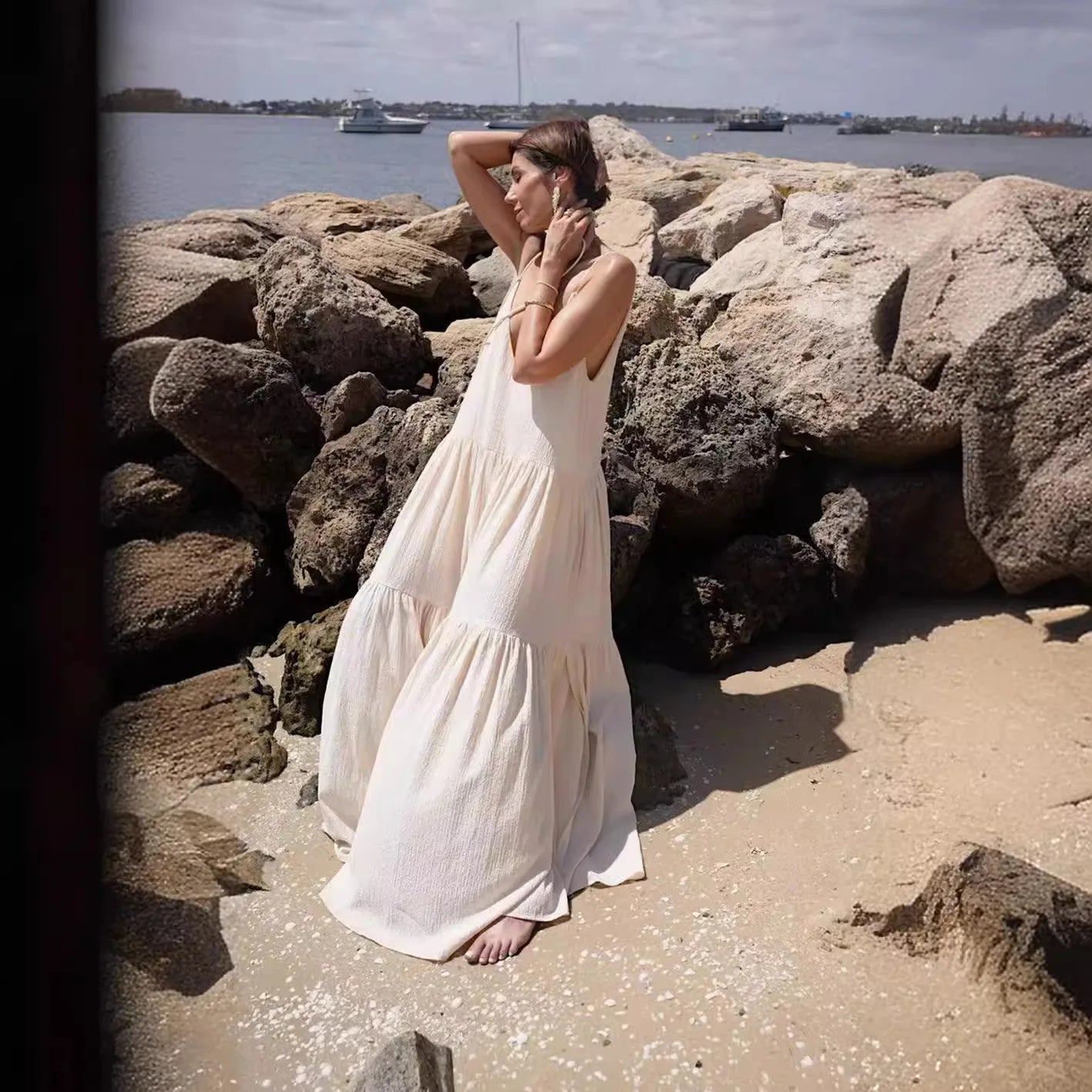 Summer Loose Dresses Casual Solid Pleat Irregular Long Spring Sexy Double V Neck Backless Hollow Dress.  S-3X