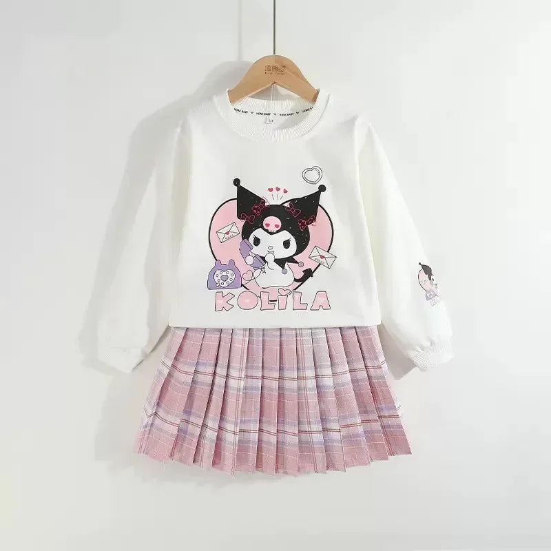 Kids Clothes Set Spring Autumn Children Kuromi Long Sleeved Sweater Tops+Checkered Pleated Skirt 2pce Teen Girls Preppy Clothing