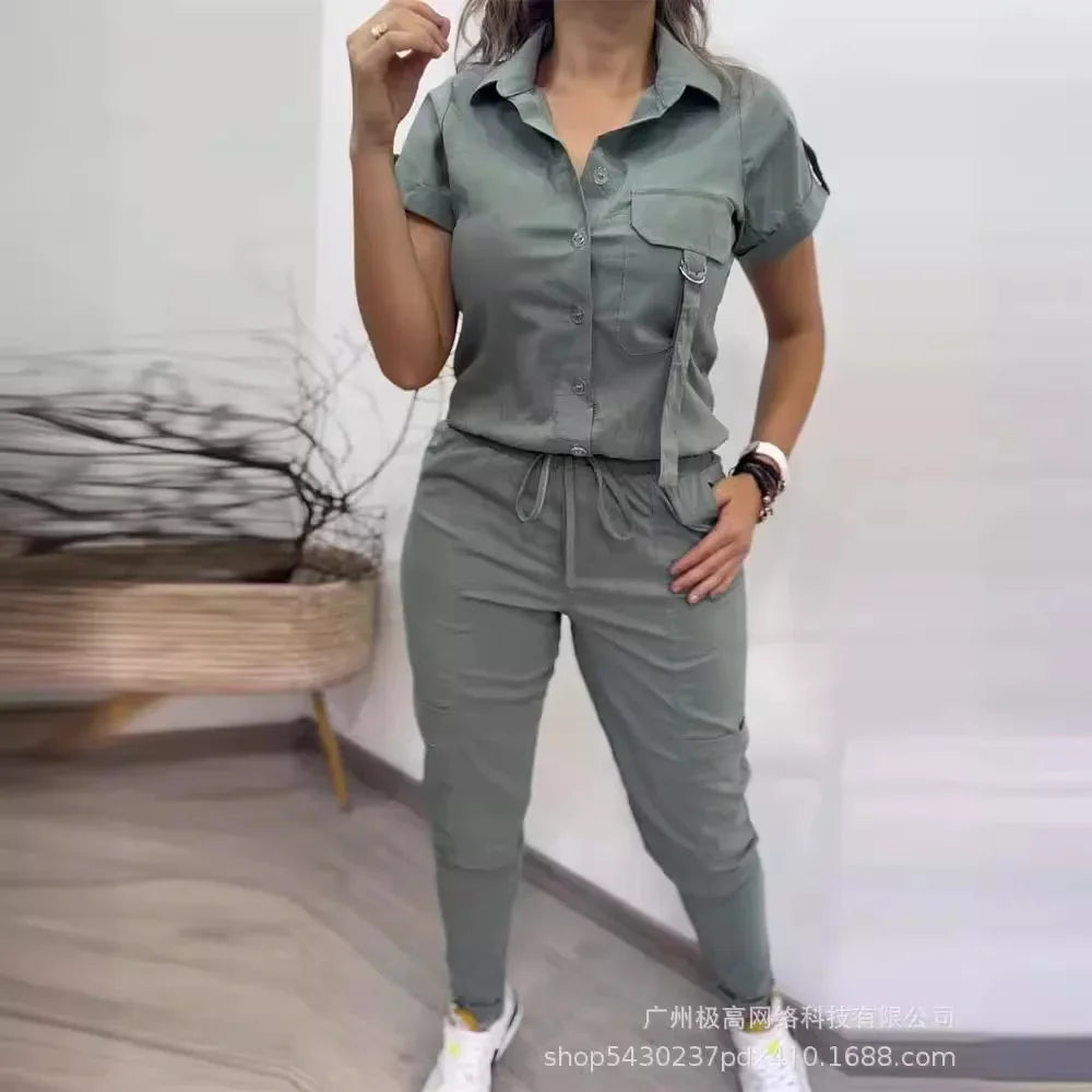Short Sleeve Cargo Shirt Single Breasted & Ankle Length Pants Women 2 pcs Clothing Set.  S-XL