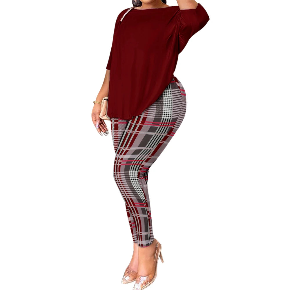 Women Two-Piece Plus Size Long Sleeves Top Plaid Print Pant Set