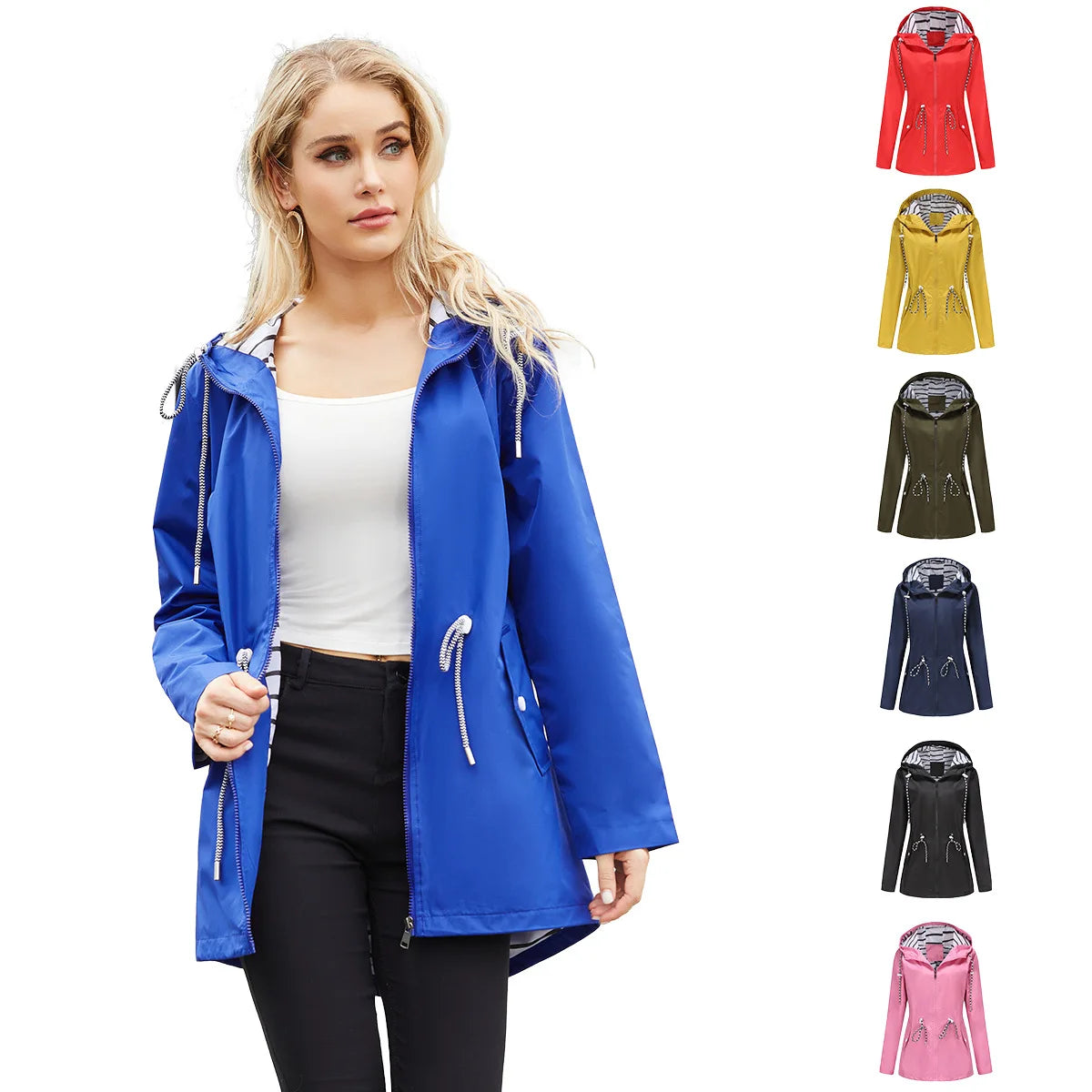 New long-sleeved waterproof long windbreaker, women's hooded raincoat.  S-3X