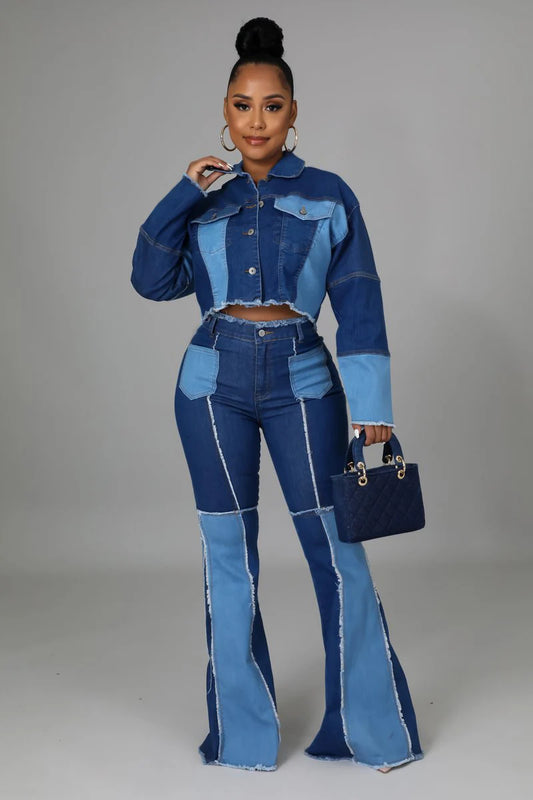 Women's Matching Set Denim Patchwork Vintage Short Jacket and Flare Pant Two Piece Set Outfit Autumn Casual Y2K Fashion Sets.  S-5x