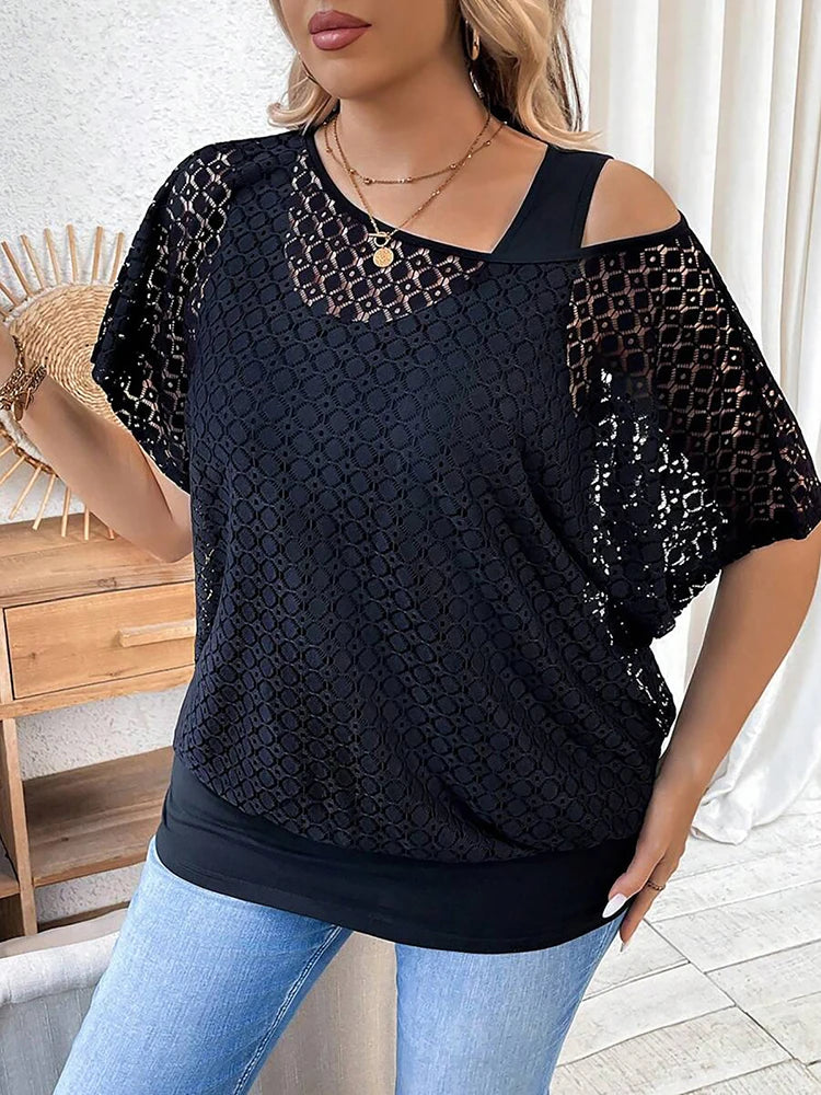 Plus Size Mesh Hollow Out Women’s Blouse Elegant Asymmetric Neck Short Sleeve 2-Piece Set .