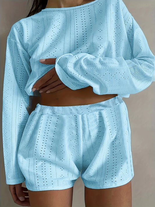 Plus Size Eyelet Casual Shorts Set, Crew Neck Long Sleeve Top & Shorts Outfit