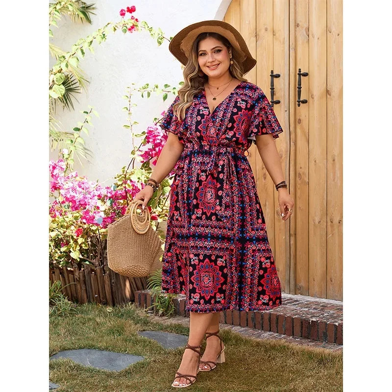Plus Loose Floral Print Dress Elegant Comfortable Casual V-Neck Dress