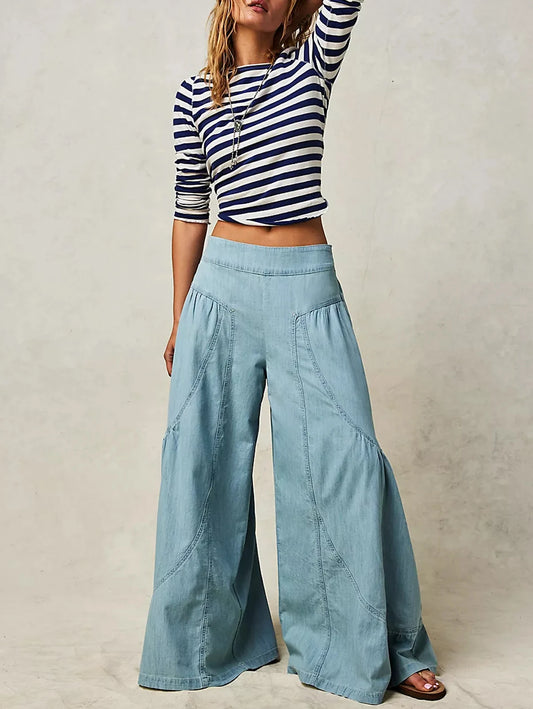 Women's Plus Size Wide Leg Spliced Pants Casual Plain Trousers Elastic Waist Loose Vintage Denim Pocket High Waist Pants  Sz: L-3X