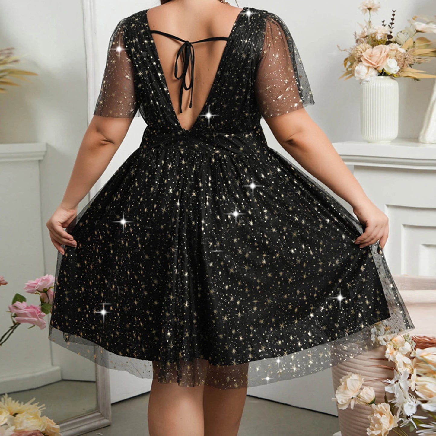Womens Shiny Stars Mini Dress Sexy Black Sheer Chiffon Short Sleeves Wrapped V Neck Sparkle Glitter Plus Size Dress
