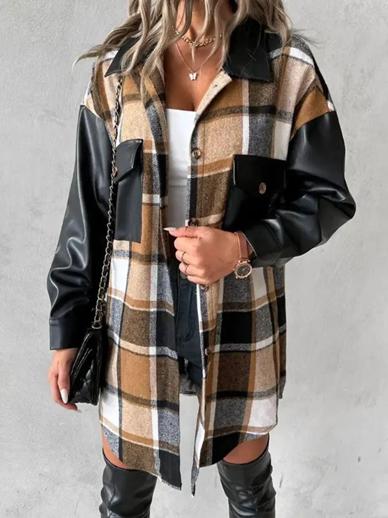 Plus Size Women's Autumn and Winter Plaid Lapel Casual Long Sleeved Pocket Fashionable Loose Fit Patchwork Jacket