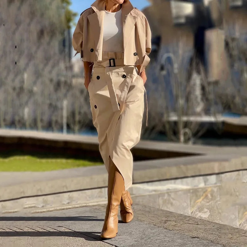 Women's Two-Piece Long-Sleeved Cardigan Turn-down Collar, High Waist Split Skirt Slim Fit.  S-xxL