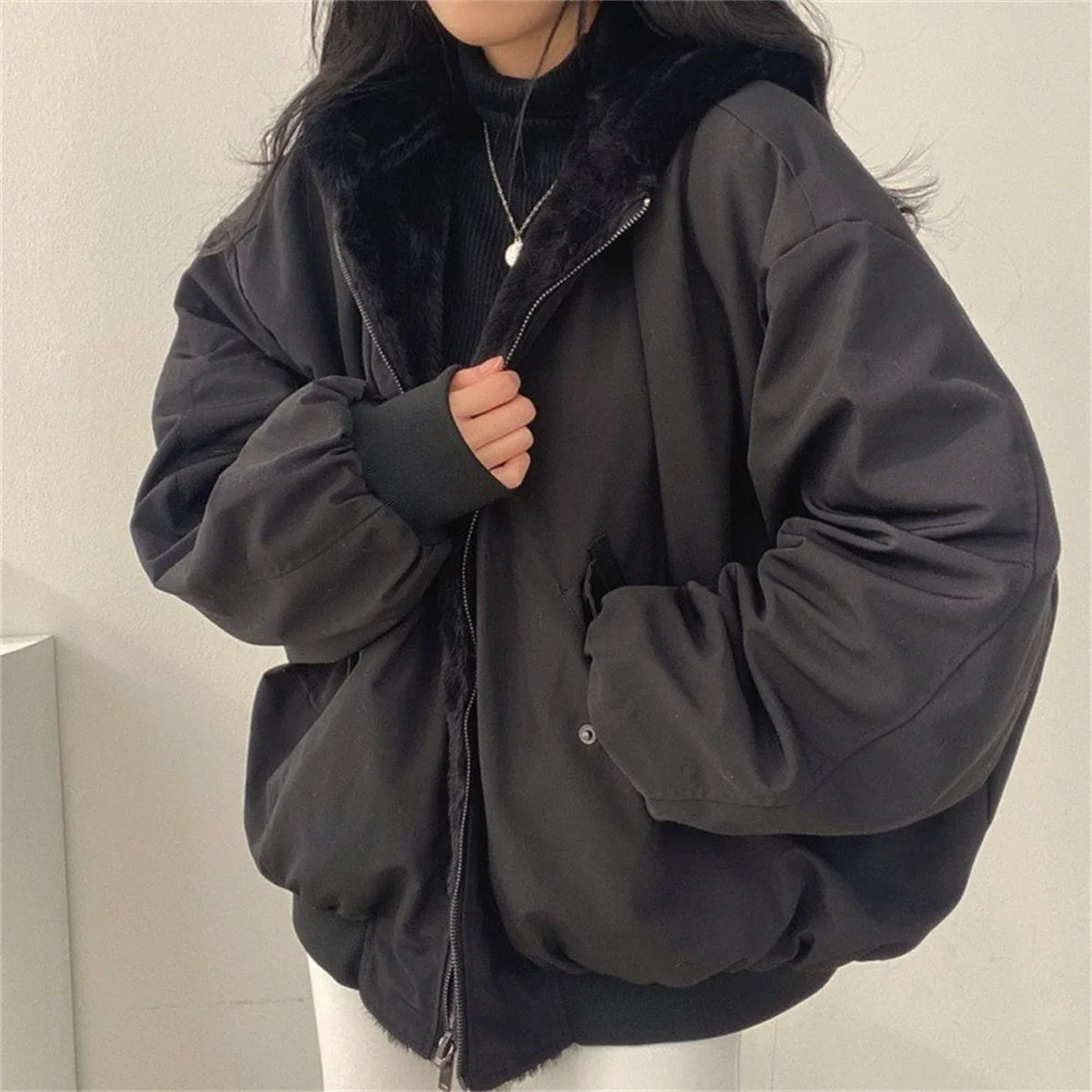 Reversible Thick Coat - Zipper Hooded Women Winter Jacket Elegant Solid Fashion Warm Casual S-2X