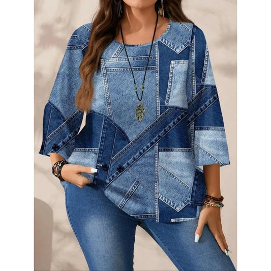 Plus Size Women's T-shirt Summer V-neck Short Sleeve Graphic Print T-shirt.