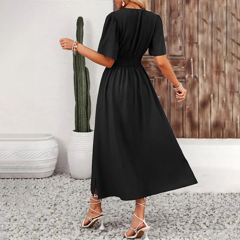 Women Solid Pleated Long Dress V Neck Short Sleeved .