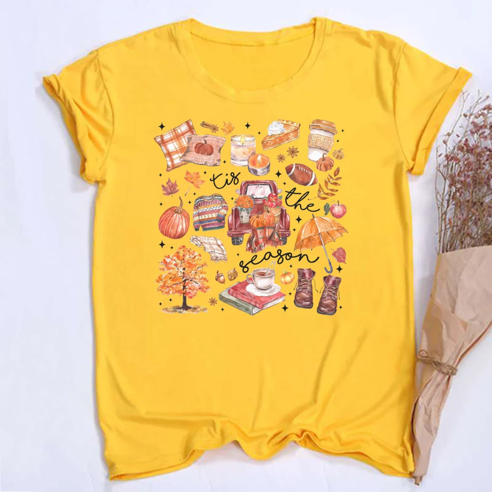 Women's Fall Shirt Pumpkin Season Short Sleeves Fashion Fall Harvest  Tshirt .  S-2X