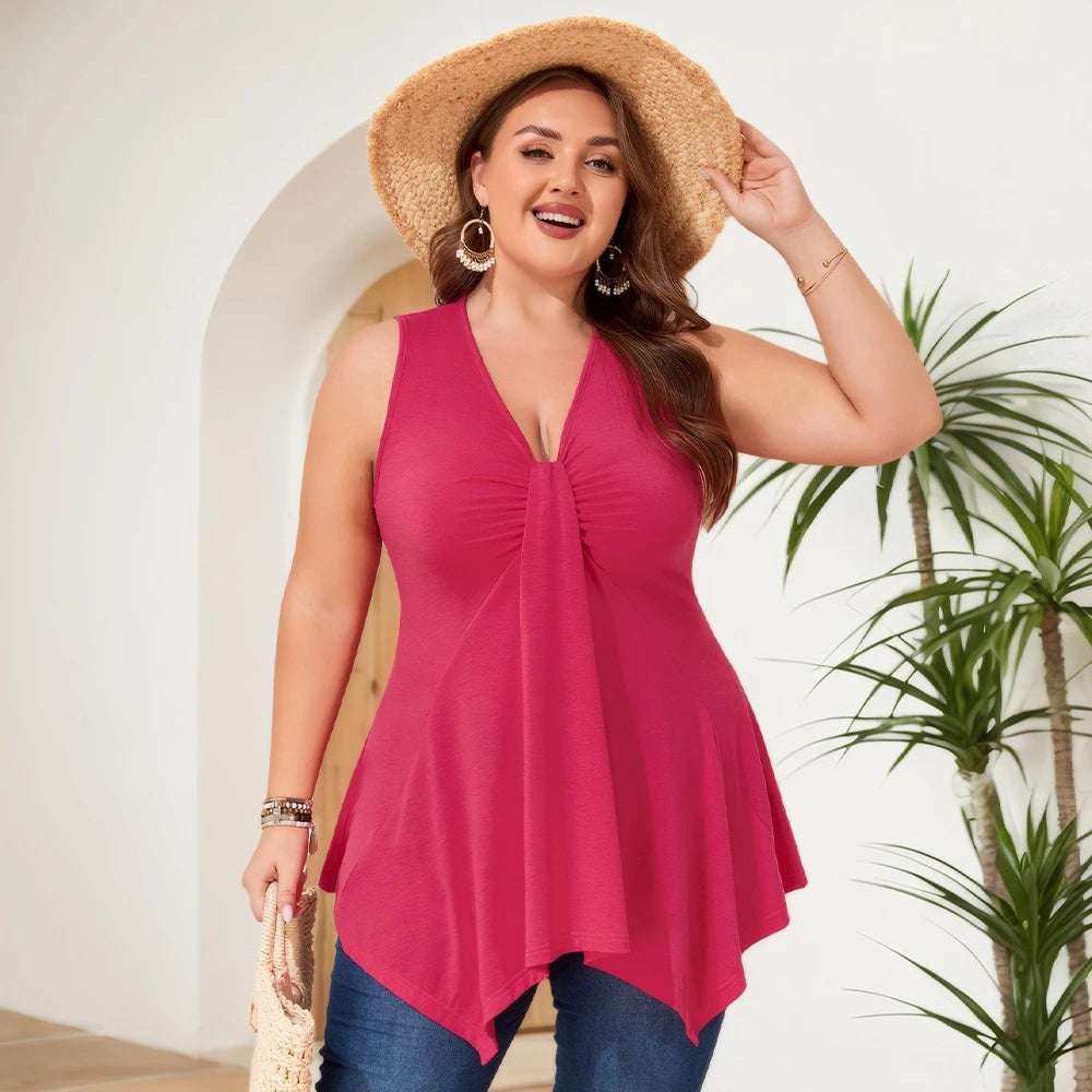 Plus Size Women's Solid V-Neck Tank Pleated Tunic Tops Summer Ladies Top . Size 1XL-6XL