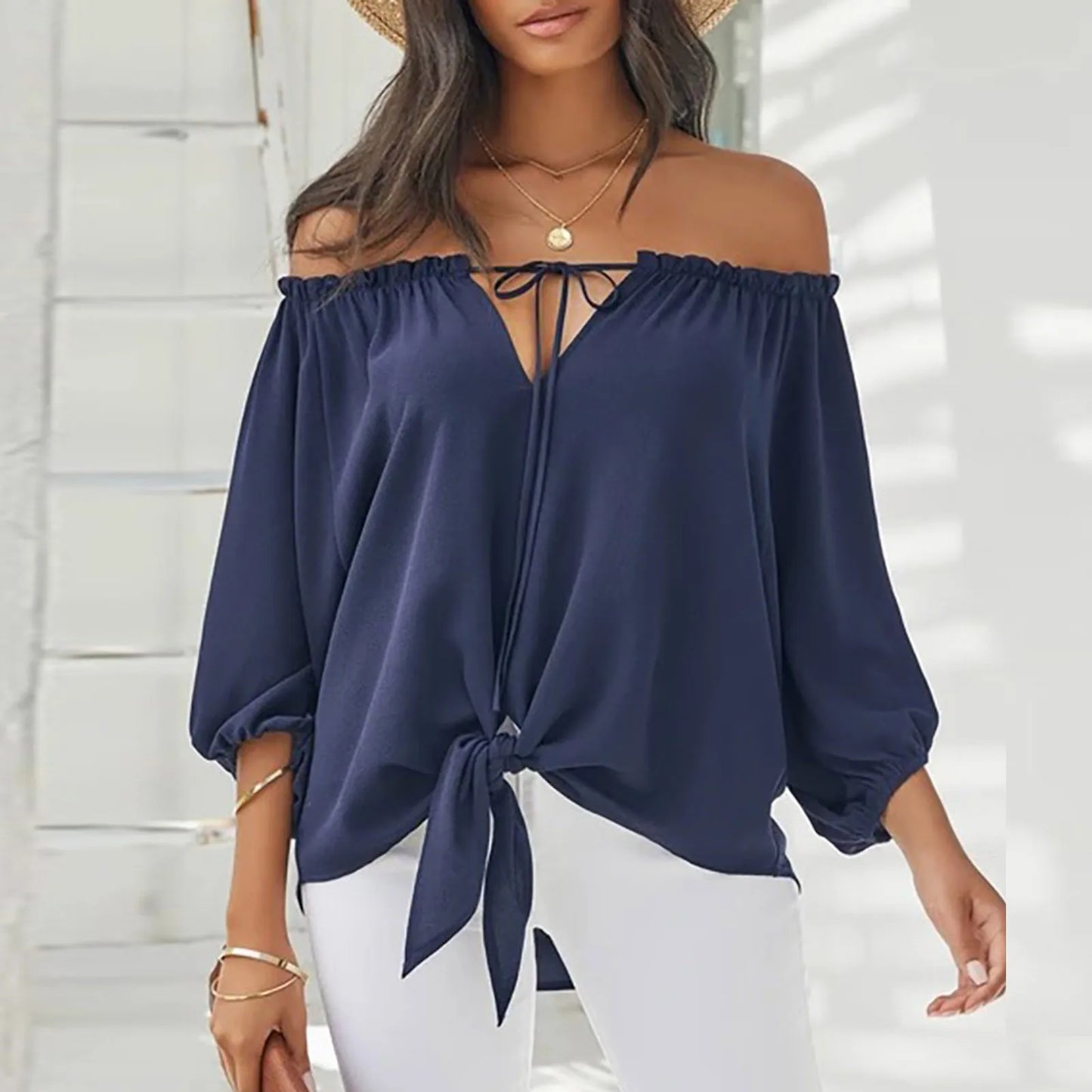 Summer Blouse Sexy Off Shoulder Elegant Women Tops Half Sleeve Casual Loose Solid Colour Tie Blouse