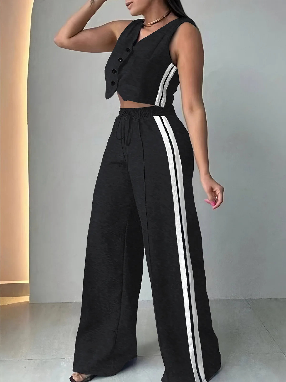 Fashion Side Stripe Women 2 Piece Set New Vest Top And Wide Leg Pants Sports Style Casual Set.  S-2X