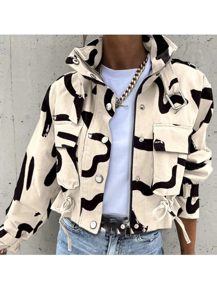 New Printed Short Casual Jacket Women Fashion Elegant Outerwear.  S-2X