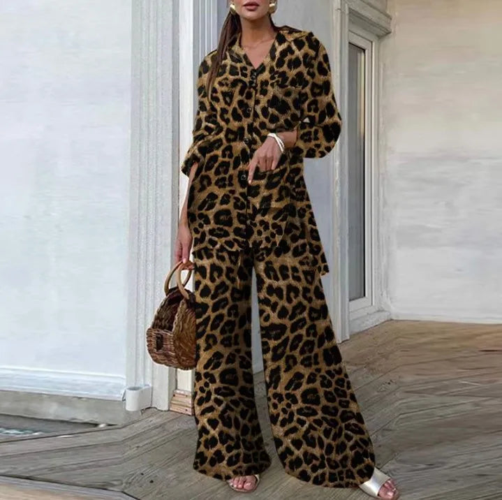 Fashion Leopard Print Women's Suit Two-piece Retro Street Print Casual Loose Long-sleeved V-neck Top Wide-leg Pants Suit.  S-3X