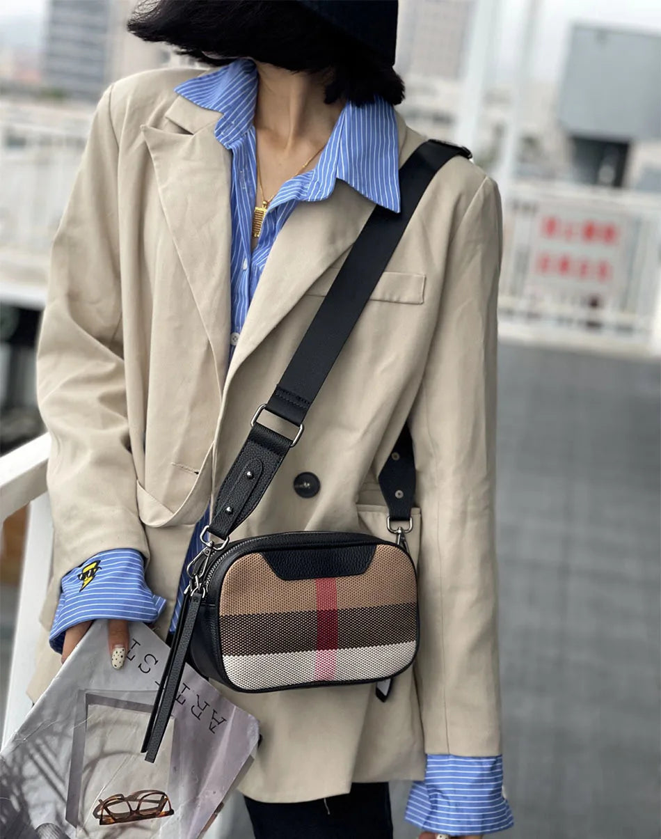 Genuine Leather Women Bag Small Canvas Cross body Wide Strap Trendy Square Designer Luxury Sling Shoulder bag