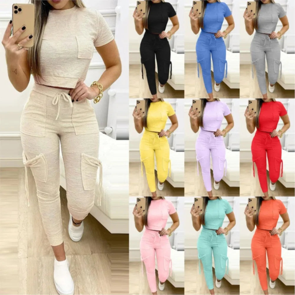 Ladies Solid Colour Two Piece Set Cropped T Shirt Slim Pocket Pants