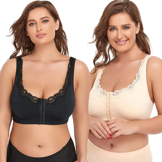 Women Plus Size Sports Bra Front Closure Full Coverage Lace Underwear Thin Mold Cup Bras Back Support Shapewear Wide Strap Vest