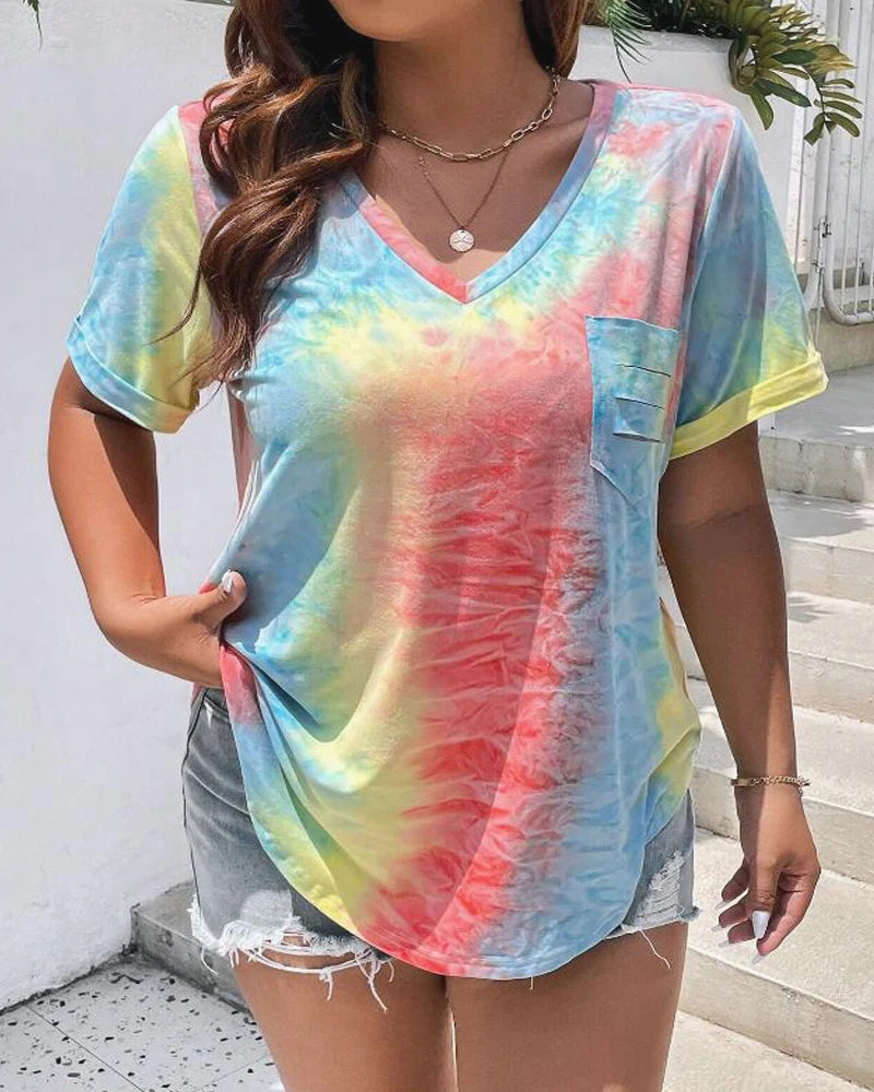 New Plus Size European Women's Casual V-neck Printed Pocket T-shirt
