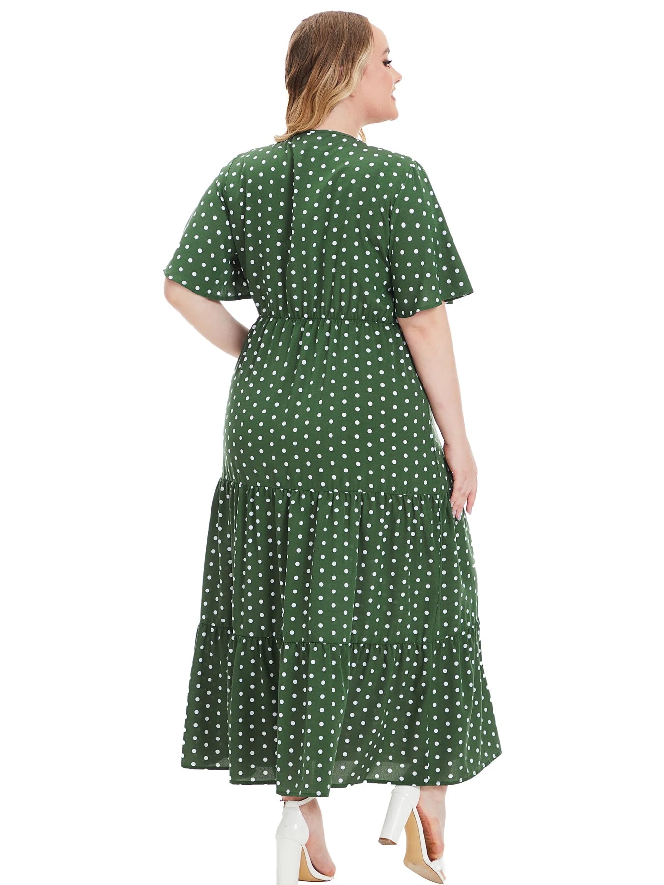 Plus Size New Arrival Fashional Polka Dot Print V Neck Short Sleeve Bohemian Casual Dress