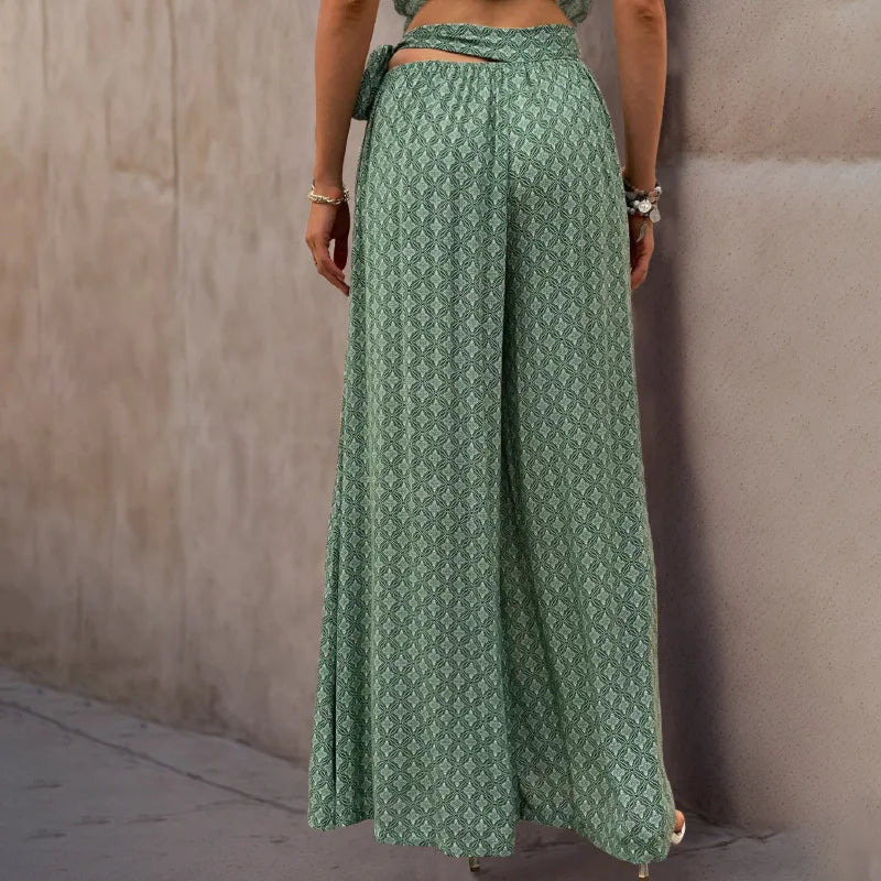 New Ladies Wide-leg  Lace-up High-waist Casual Printed Trousers