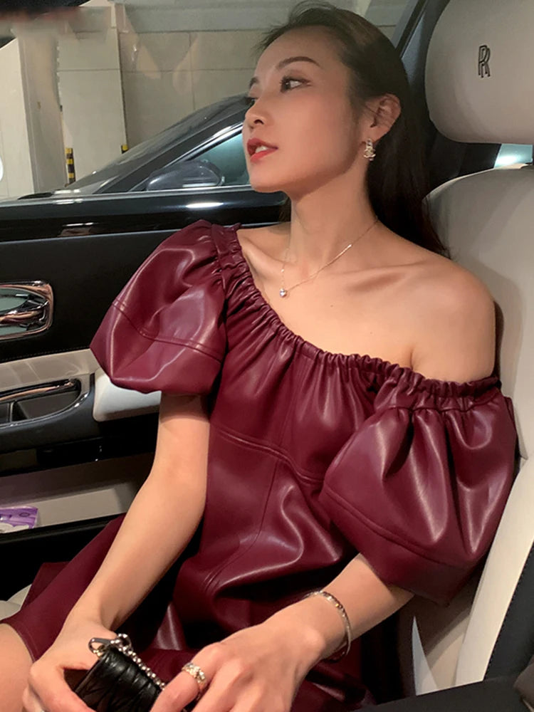 Nerazzurri Spring runway high quality Synthetic leather dress lantern sleeve Elegant Luxury dress new arrival 2025.    S-6X