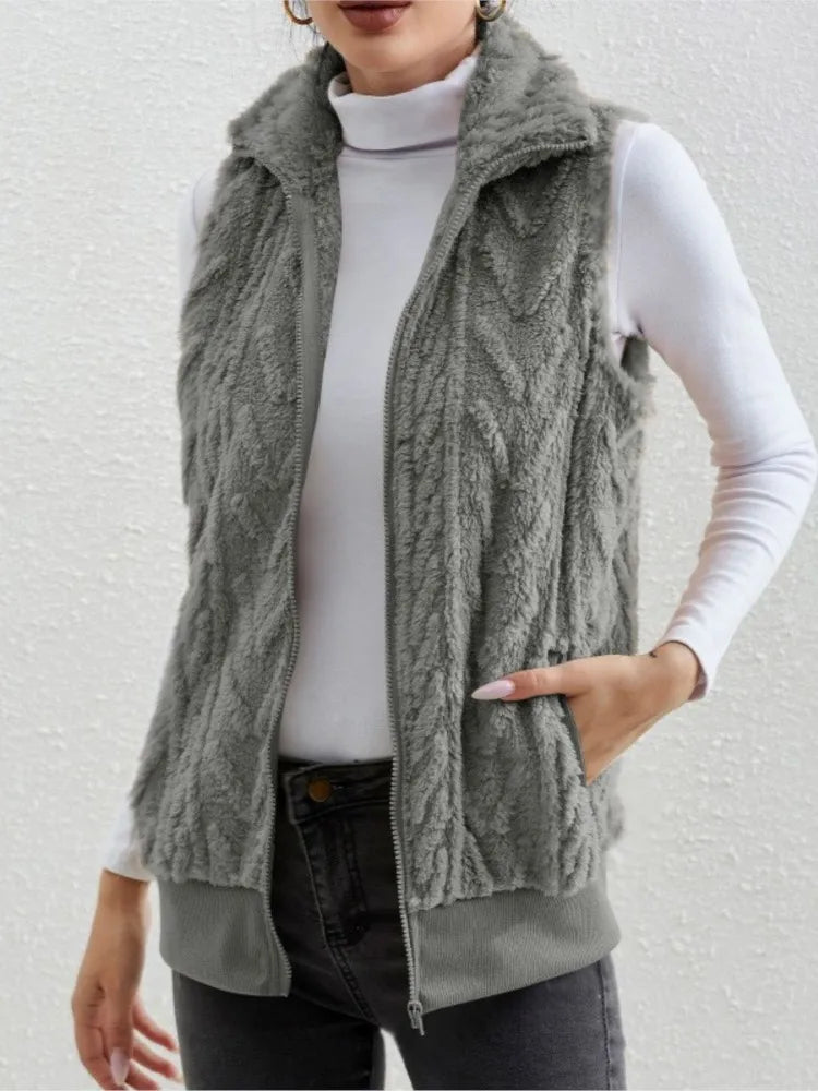Fashion Plush Cardigan Vest For Women Casual Zipper Lapel Pocket Solid Color Warm Women's Vest 2025.  S-3X