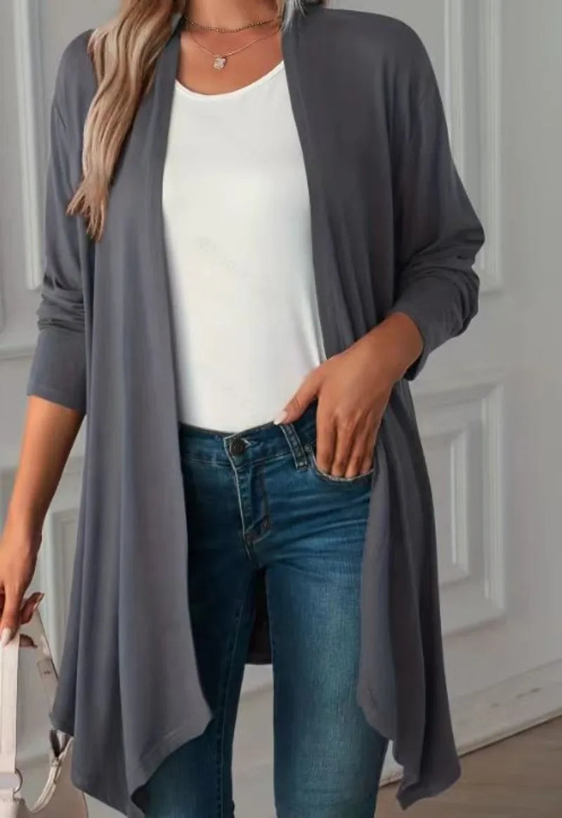 Spring Women's New Fashionable Plus Size Solid Colour Long Sleeved Cardigan