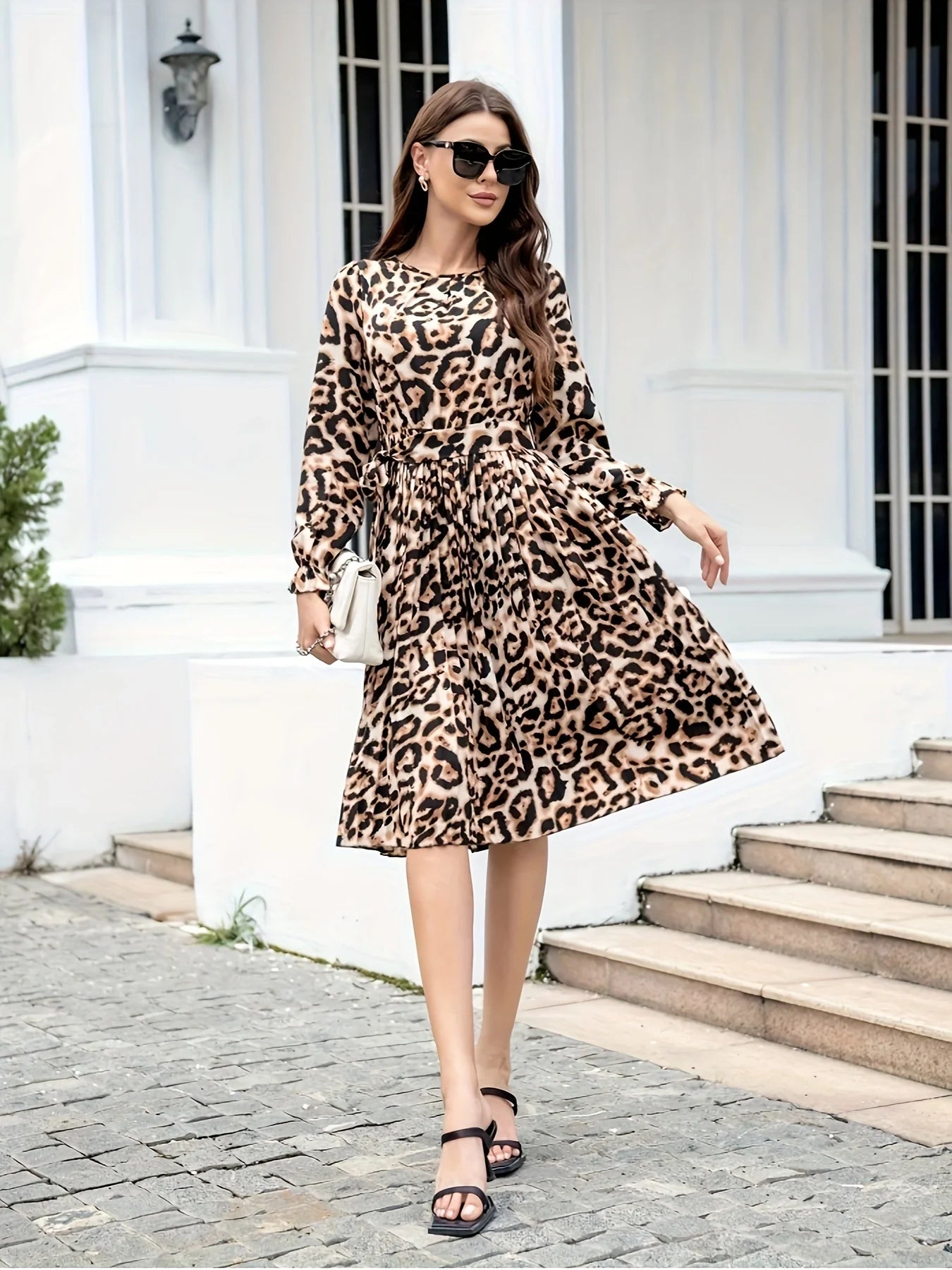 New leopard print round neck women's pleated waist lantern long sleeve dress.  S-2X