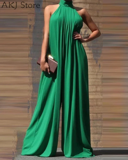 Women High Neck Sleeveless Wide Leg Jumpsuit
