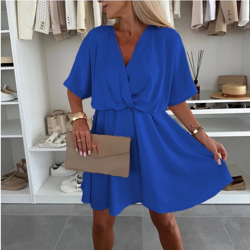 Fashion Dress Solid Color Elegant Lady High Waist Short Sleeve Party Pleated Dress.  S-3X