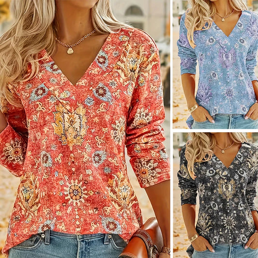 Plus Size Boho Top Floral Print Long Sleeve T-Shirt Casual V Neck Slight Stretch Top