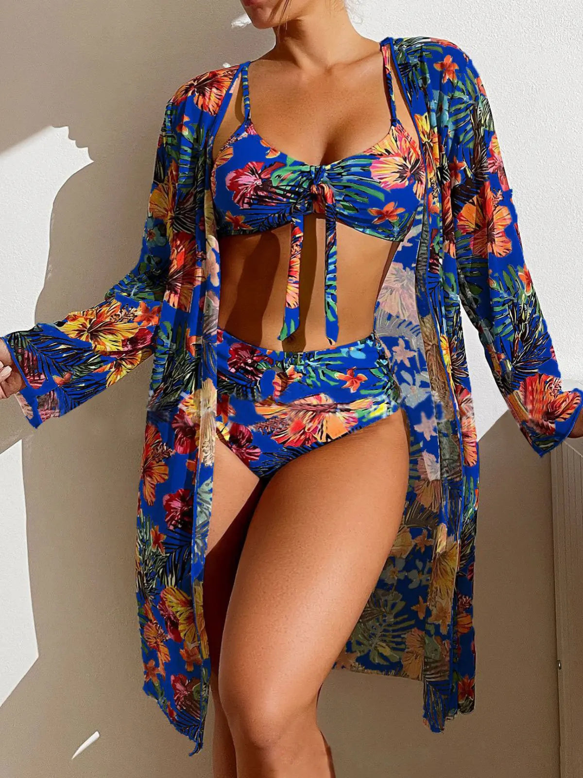 Three Piece Floral Printed Women's Bikini Set Wireless Bra with Pads Swimwear