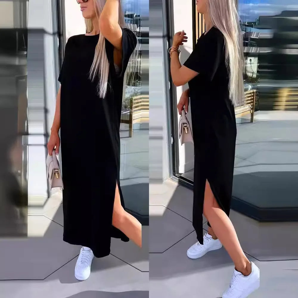Simple O Neck Short Sleeve Solid Dress For Women Summer Casual Loose Split Long Dress.   S-2xL
