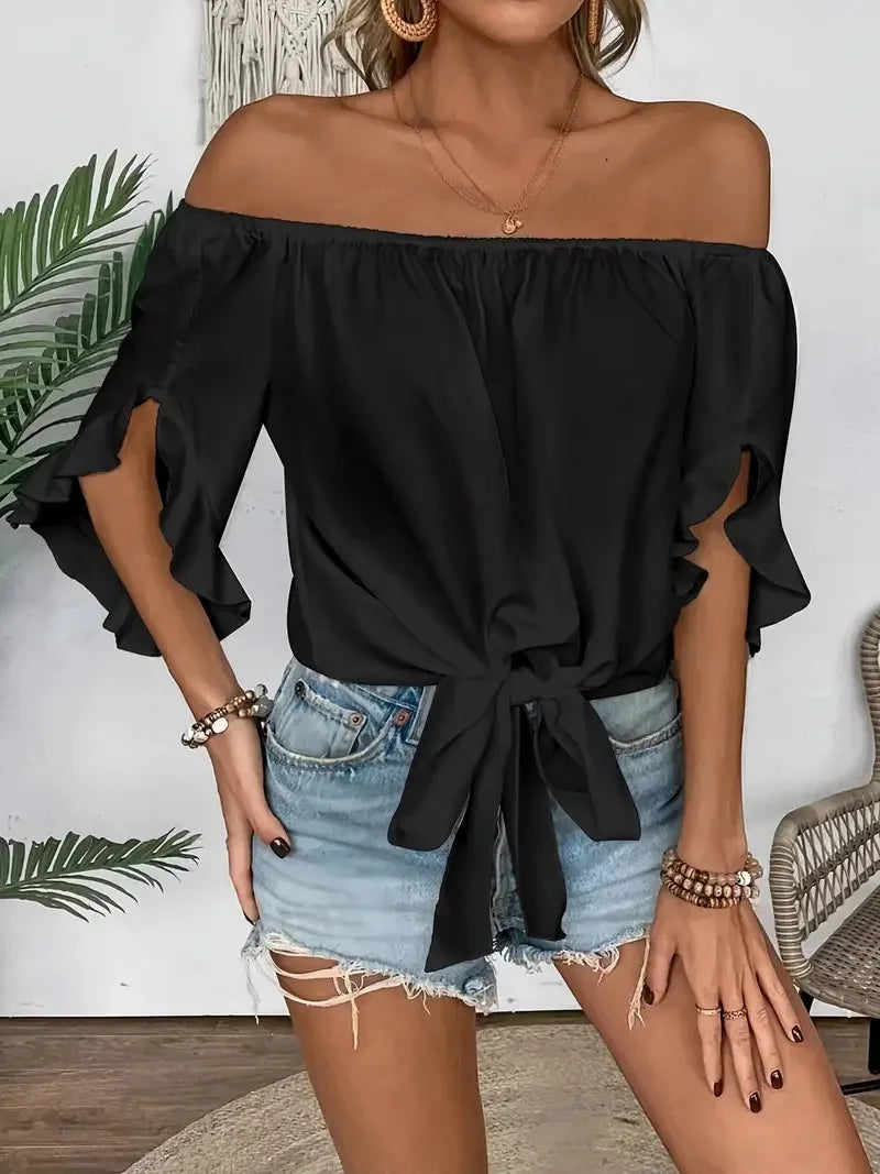 Summer One Shoulder Short Sleeved Top for Women Solid Colour Ruffle Sleeve Elegant Top.   S-2X