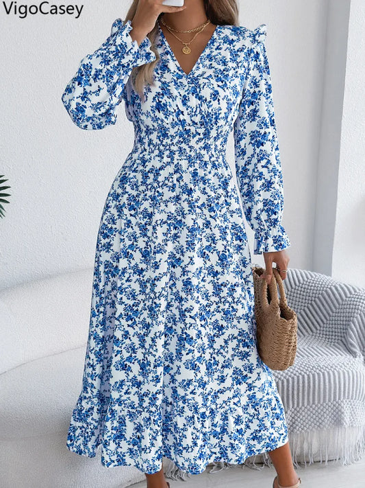 Floral Print Long Dress - V-Neck A-Line Evening Party Dress (S-XL)