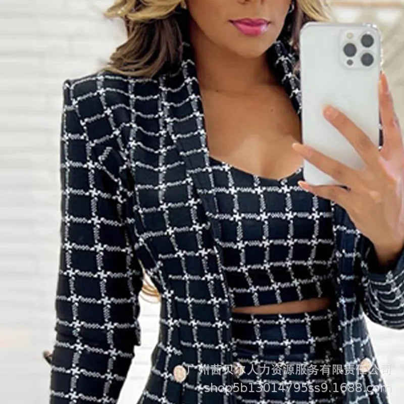 New Plaid Print Commuter Lapel Suit for Women Three-piece Set.  S-xxL