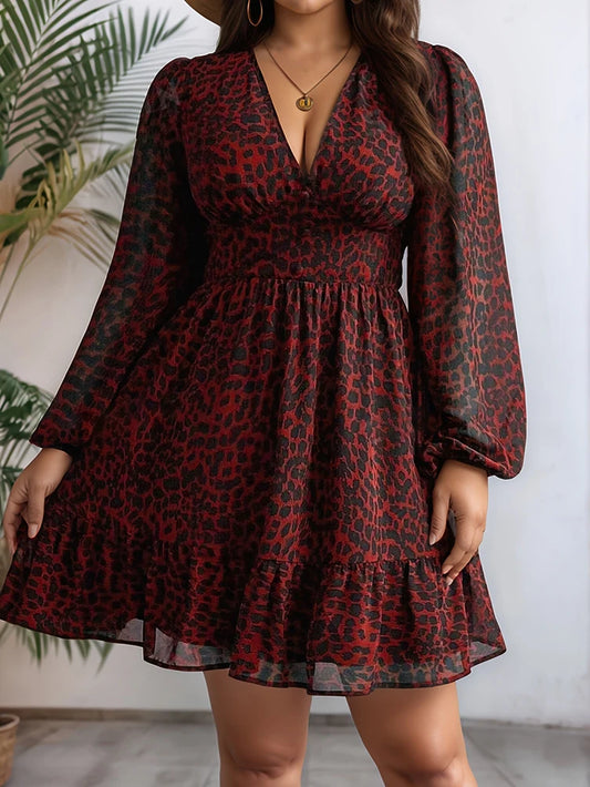 Curvy Size 2025 Spring Summer New Sheer Printed Double Layer Long Sleeve Dress.