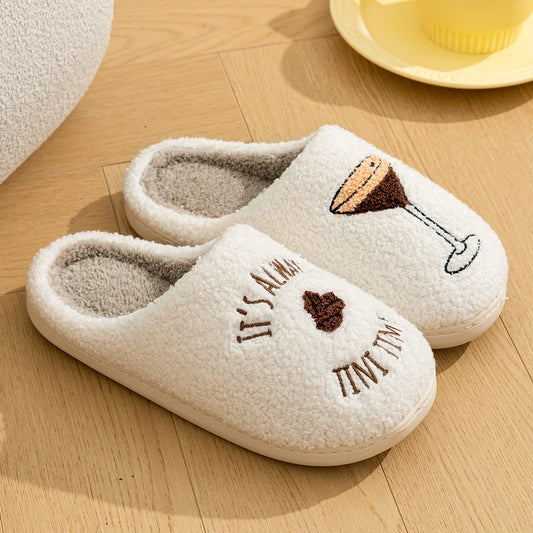 Women's Embroidered  Tini Time  Pattern Slippers - Cozy Winter Plush Home Shoes