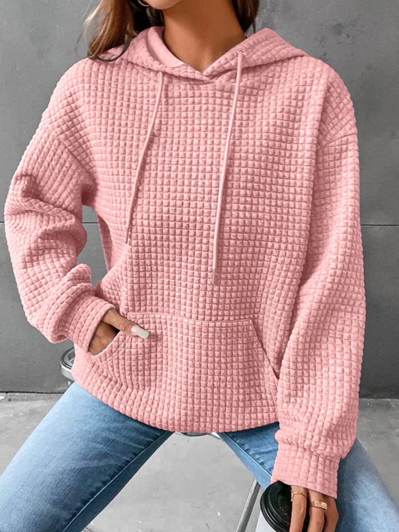 Women's hooded sweatshirt spring and autumn style waffle fashion beautiful solid color hooded drawstring loose sweatshirt.  S-2XL