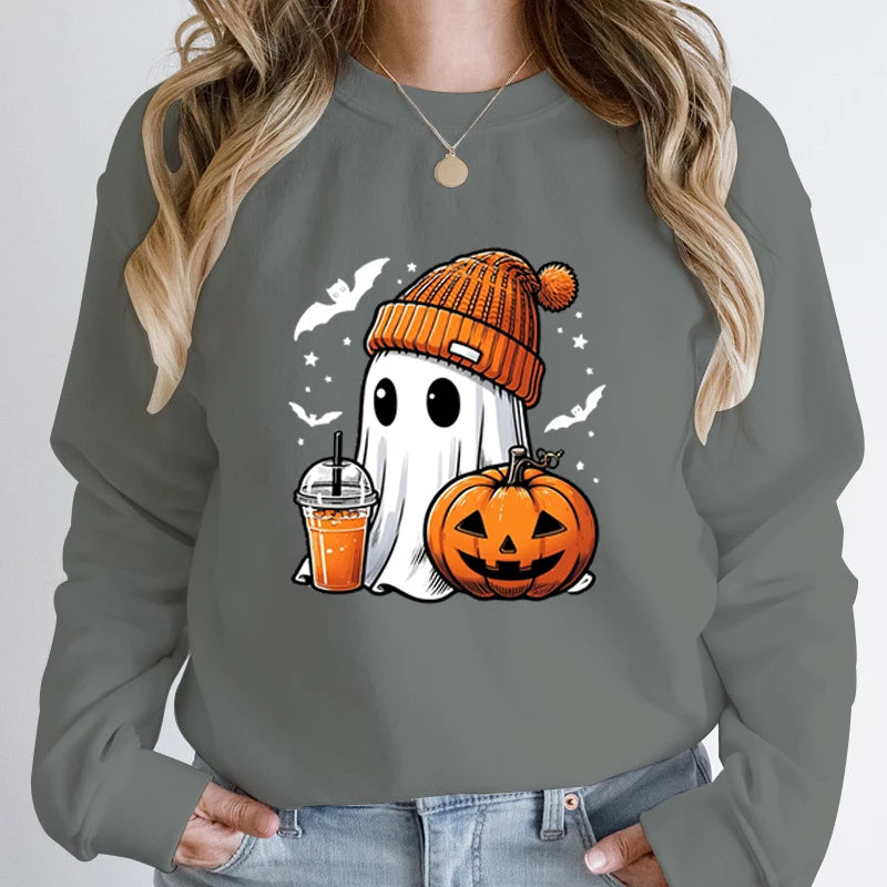 Unisex Fashion Halloween Ghost Pumpkin Bat Print Pullover Ladies Long Sleeve Halloween Sweatshirts.   S-2X