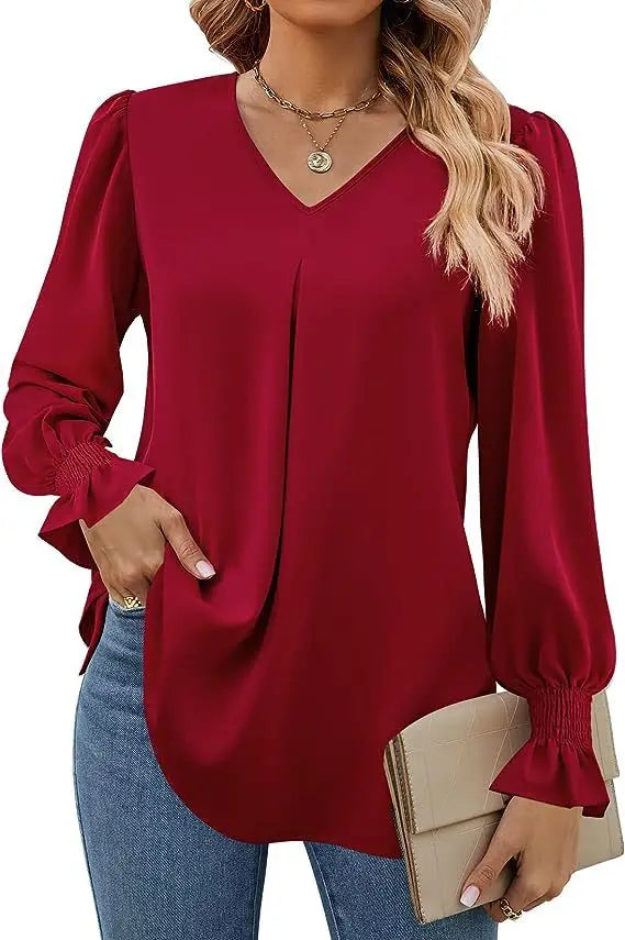 Women's Solid Colour Chiffon Shirt V-neck Long Sleeved Top Elegant Loose Blouse.  S-2X