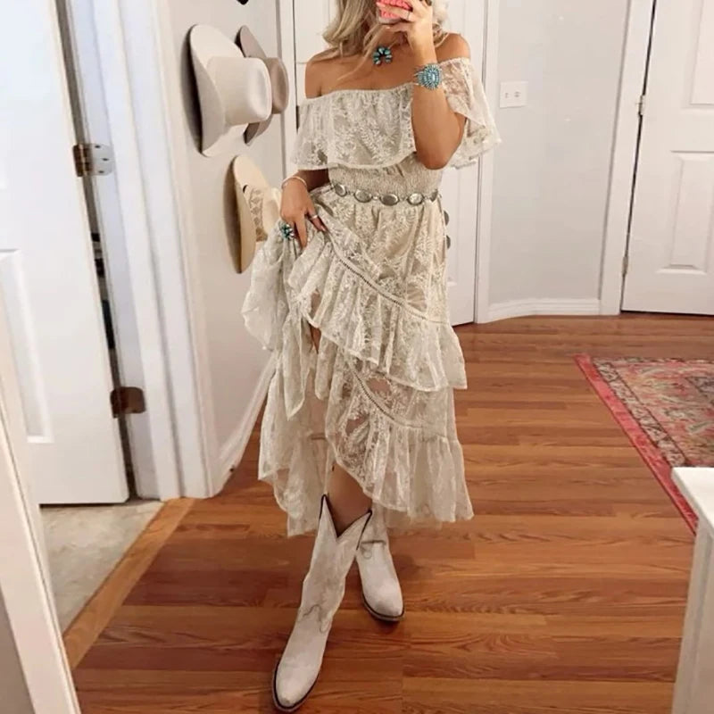 Women Sexy Neck Draped Party Dress Spring Embroidery Lace Ruffle Irregular Summer Off Shoulder Backless Long Dress