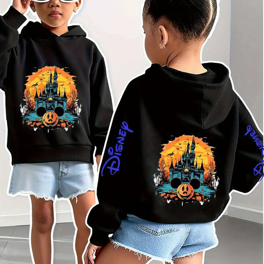Disney Girls and Boys Halloween Casual Hooded Double-sided Printed Mickey Halloween Children's Hoodie.