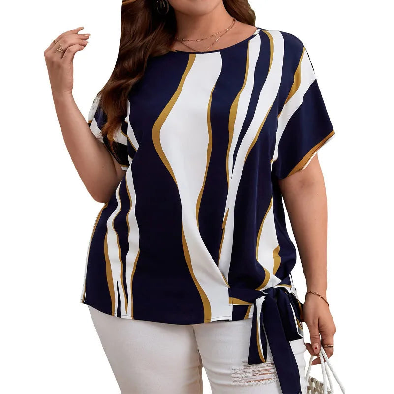 Plus Size Women's Striped Printed Short-Sleeved Crew Neck Elegant Tops with Side Knotted Design.