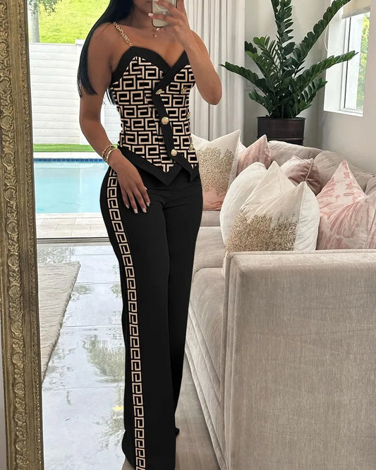 Women Two Piece Sleeveless Vest Double Breasted Chain Straps Geometric Print Side Striped Working Pants