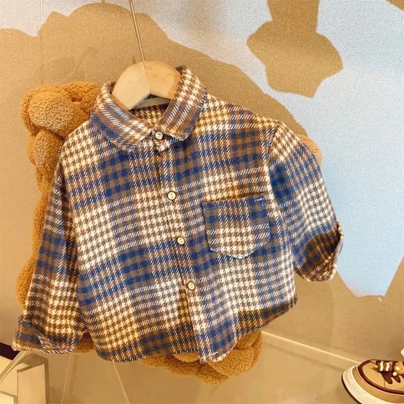 Autumn Children's clothes Unisex Casual Retro Lapel Shirt Long Sleeves Single-breasted Plaid Shirts.